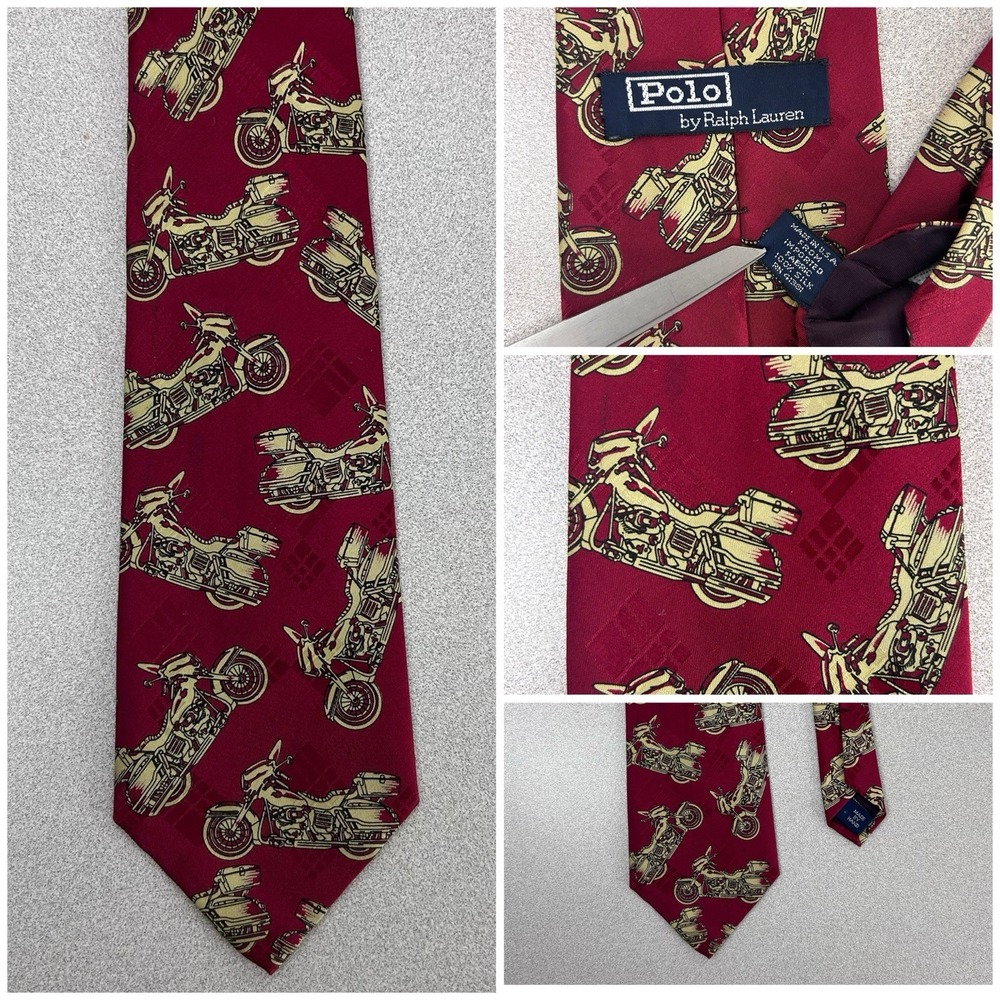 Vintage Polo Ralph Lauren Men's Tie Silk‎ Red Motorcycle Theme Handmade in USA